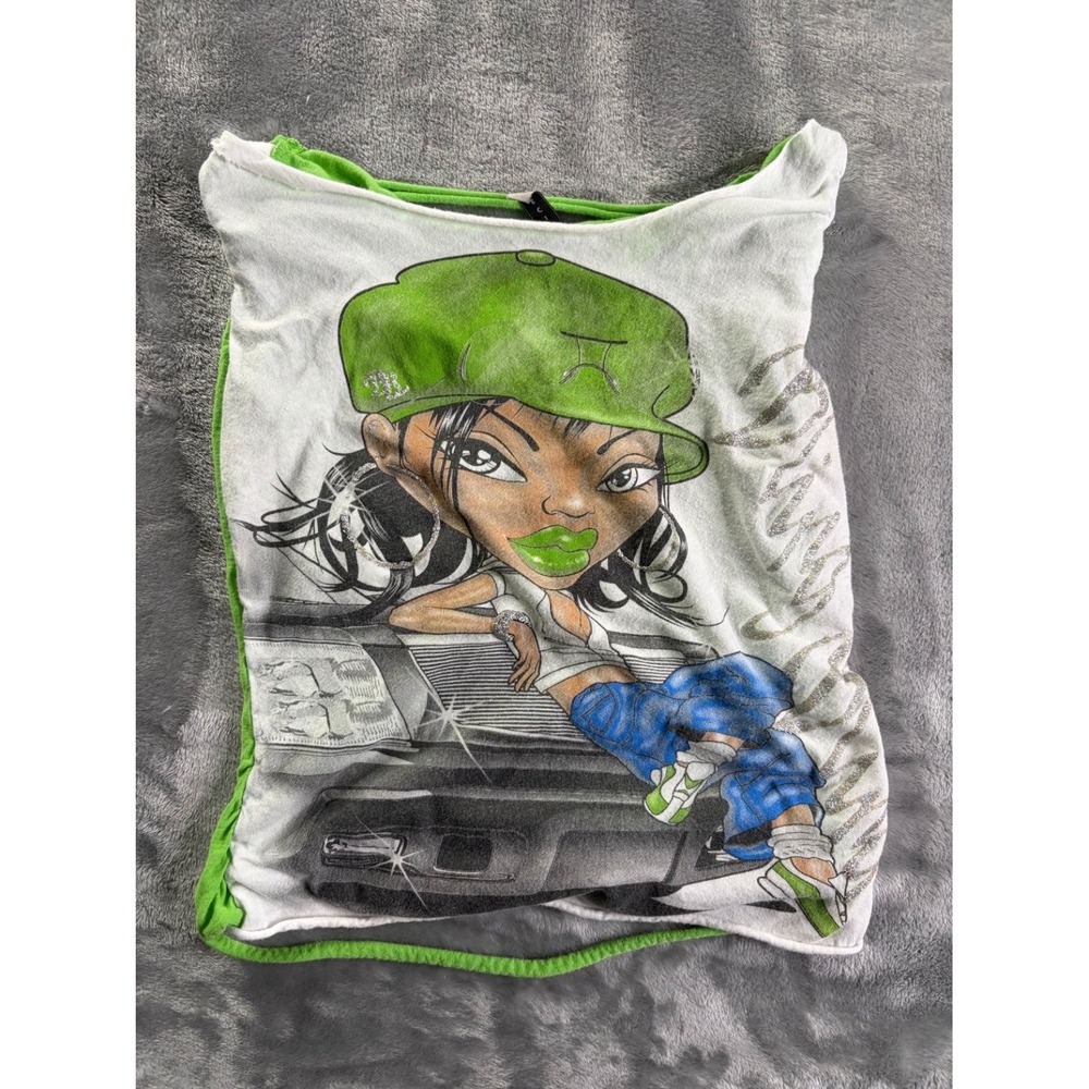 Vintage Voice Y2K Bratz Style Graphic Tank Top Women M White Green Shredded